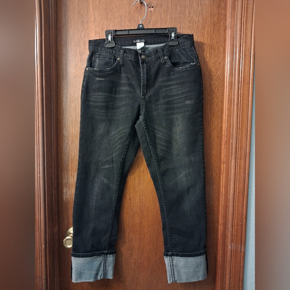 VENUS Women's Black Faded Straight Leg Cuff Denim Jeans Size 6